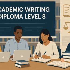 Academic writing diploma Level 8 illustration with students studying in a modern academic setting.