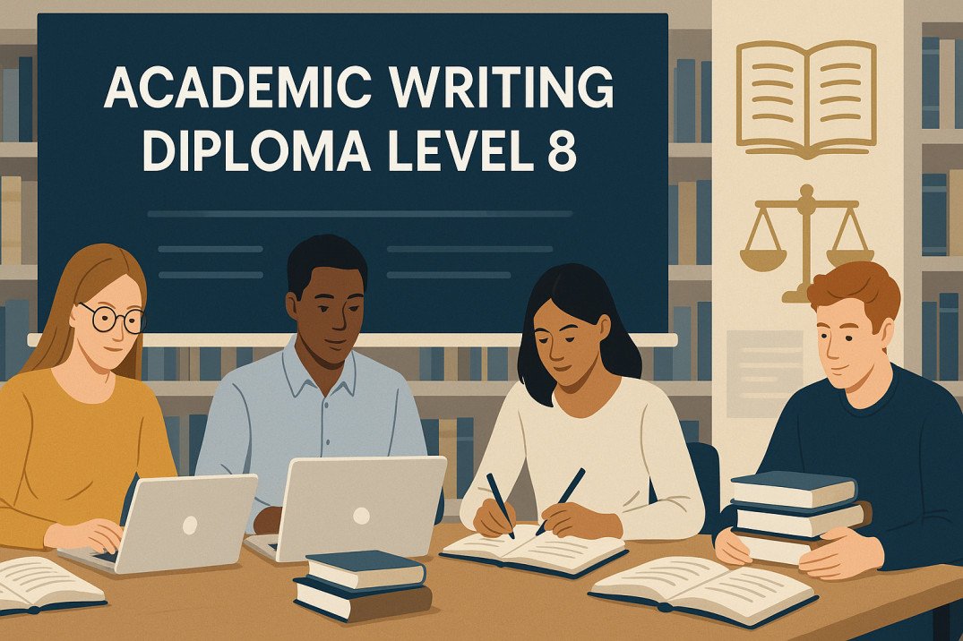 Academic writing diploma Level 8 illustration with students studying in a modern academic setting.