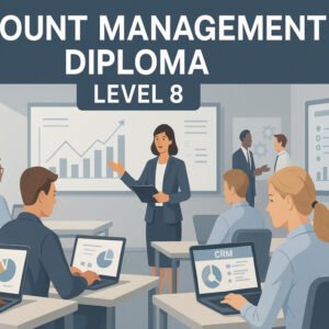 UK students studying account management diploma level 8 in a modern classroom setting.