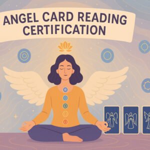 Angel card reading certification course image showing angel cards, meditation, and energy healing tools.