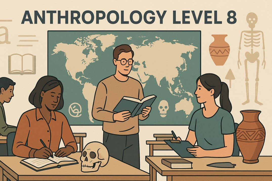 Students studying anthropology concepts in cultural, biological, linguistic, and archaeological fields at Level 8 diploma level