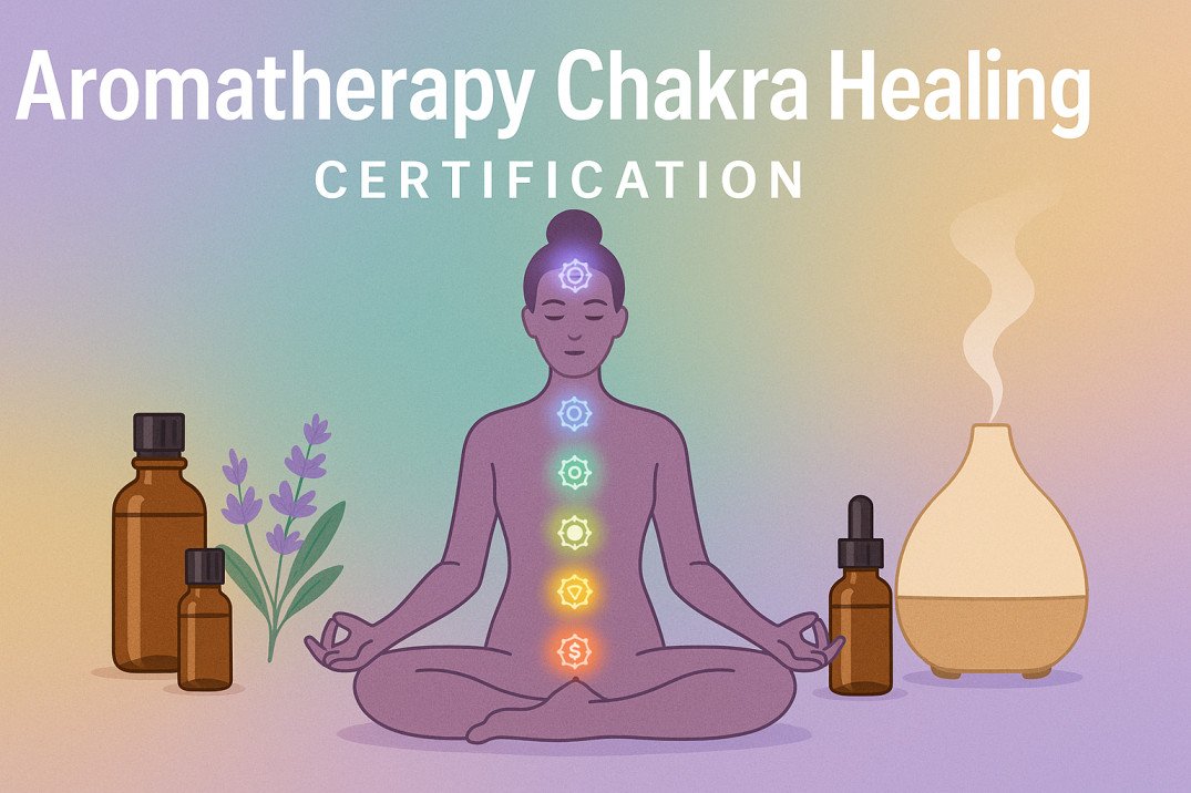 Student practicing aromatherapy chakra healing with essential oils and meditation for energy balance certification.