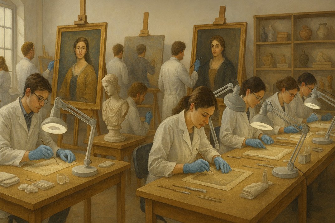 Students practising art conservation techniques during diploma training