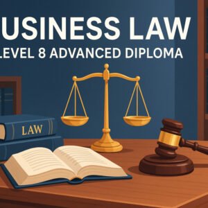Business Law Diploma Level 8 illustration showing legal scales, books, and a gavel