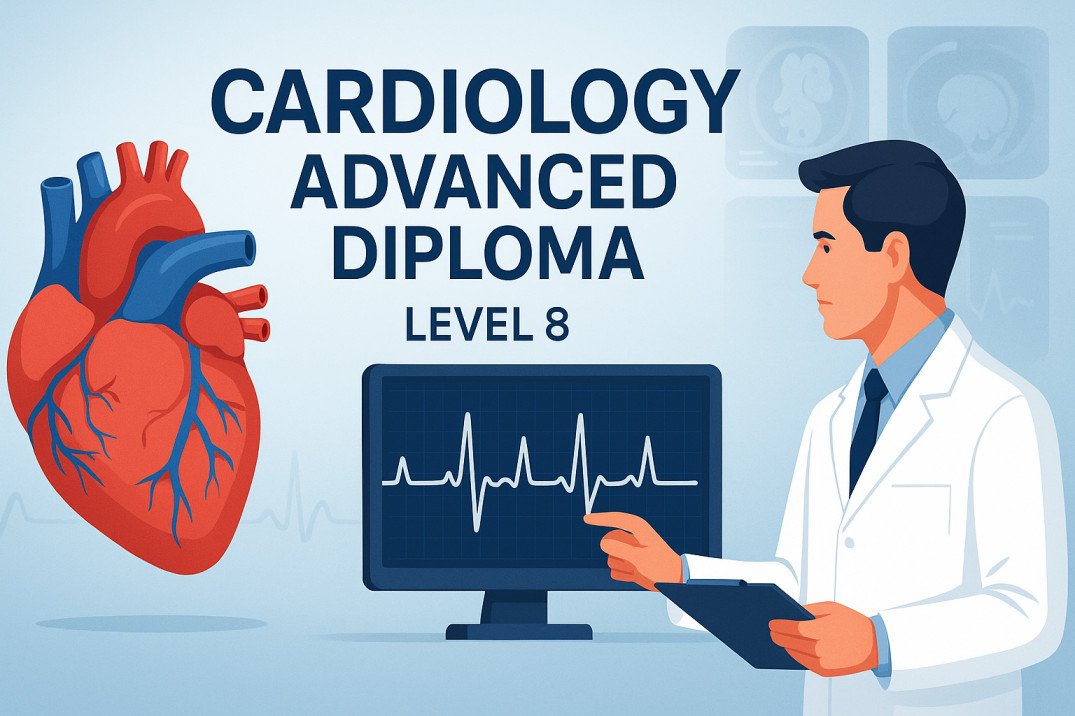Cardiology advanced diploma with heart anatomy, ECG monitor, and medical research setting