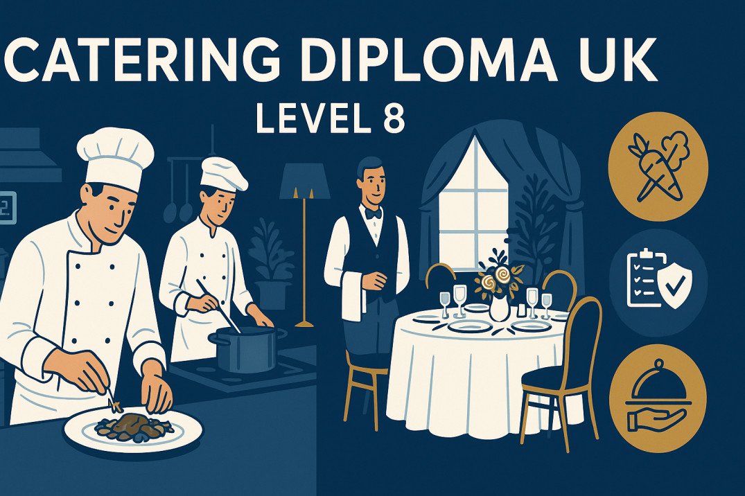 Catering diploma UK Level 8 illustration showing chefs, event setup, and food service