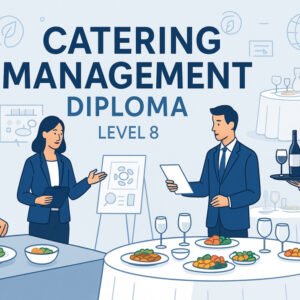 Professional catering setup with chefs and event planners, representing catering management diploma level 8.