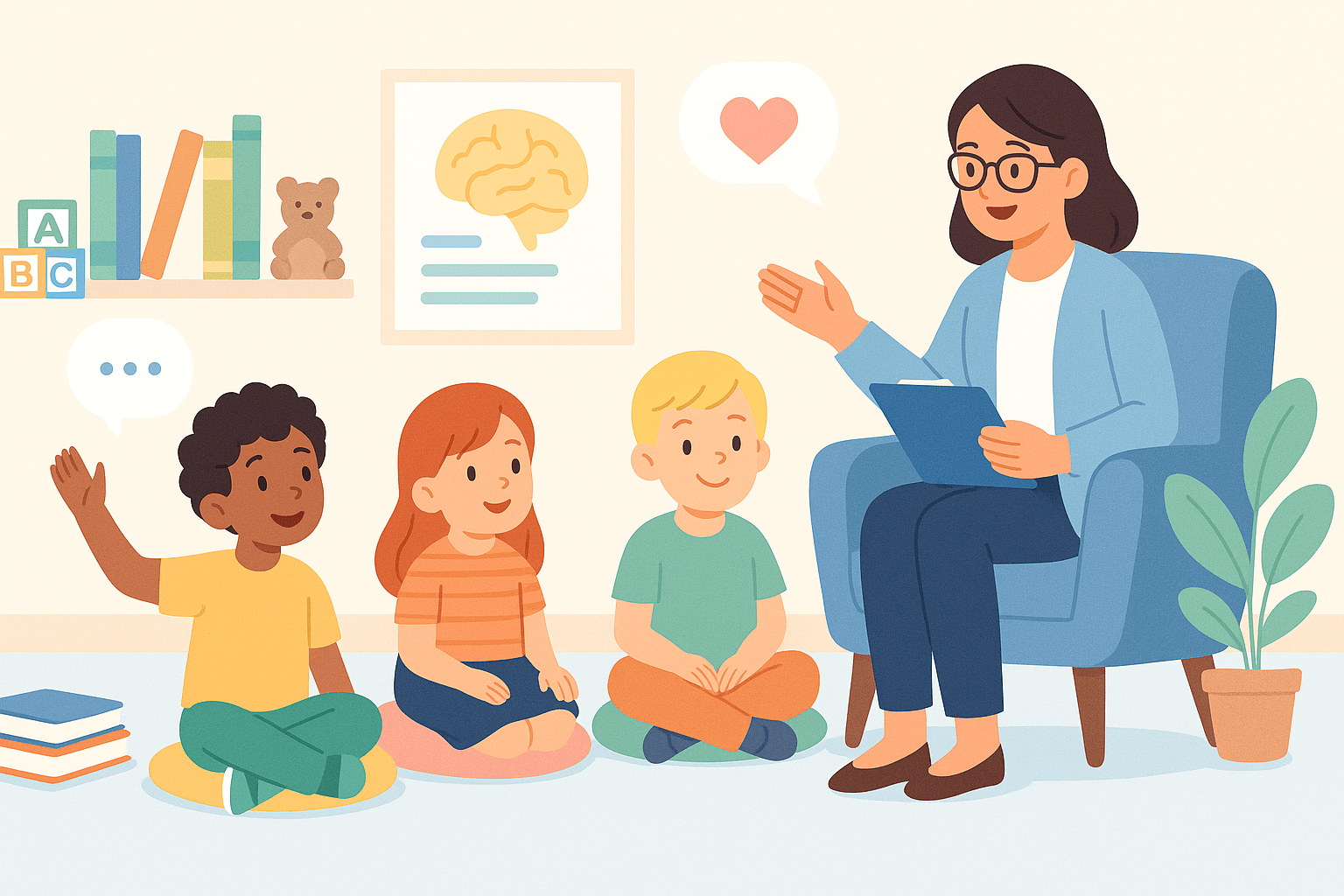 Child psychology certification course showing children learning and therapist guiding them