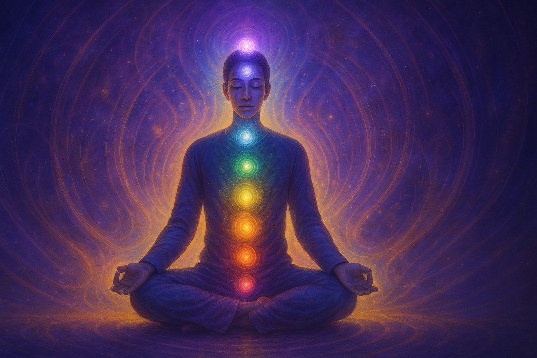 Student practicing clairvoyant aura reading with chakra colors glowing around body