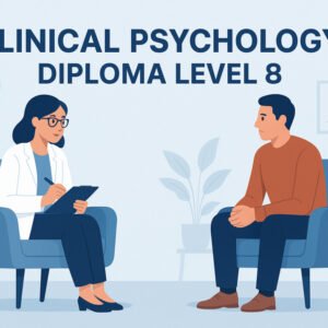 Clinical Psychology Diploma Level 8 course illustration of therapist with patient in a UK clinical setting.
