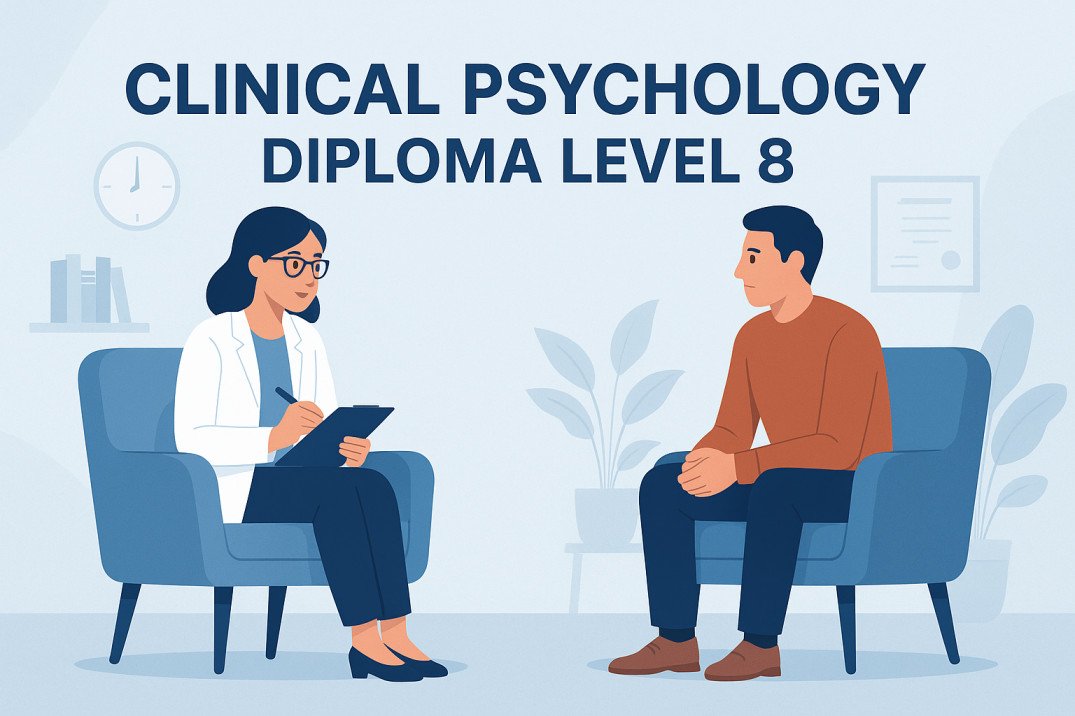 Clinical Psychology Diploma Level 8 course illustration of therapist with patient in a UK clinical setting.