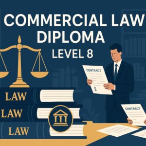 UK commercial law diploma illustration with legal books, scales, and corporate law symbols.