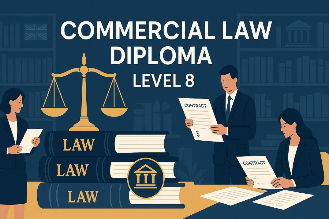 UK commercial law diploma illustration with legal books, scales, and corporate law symbols.