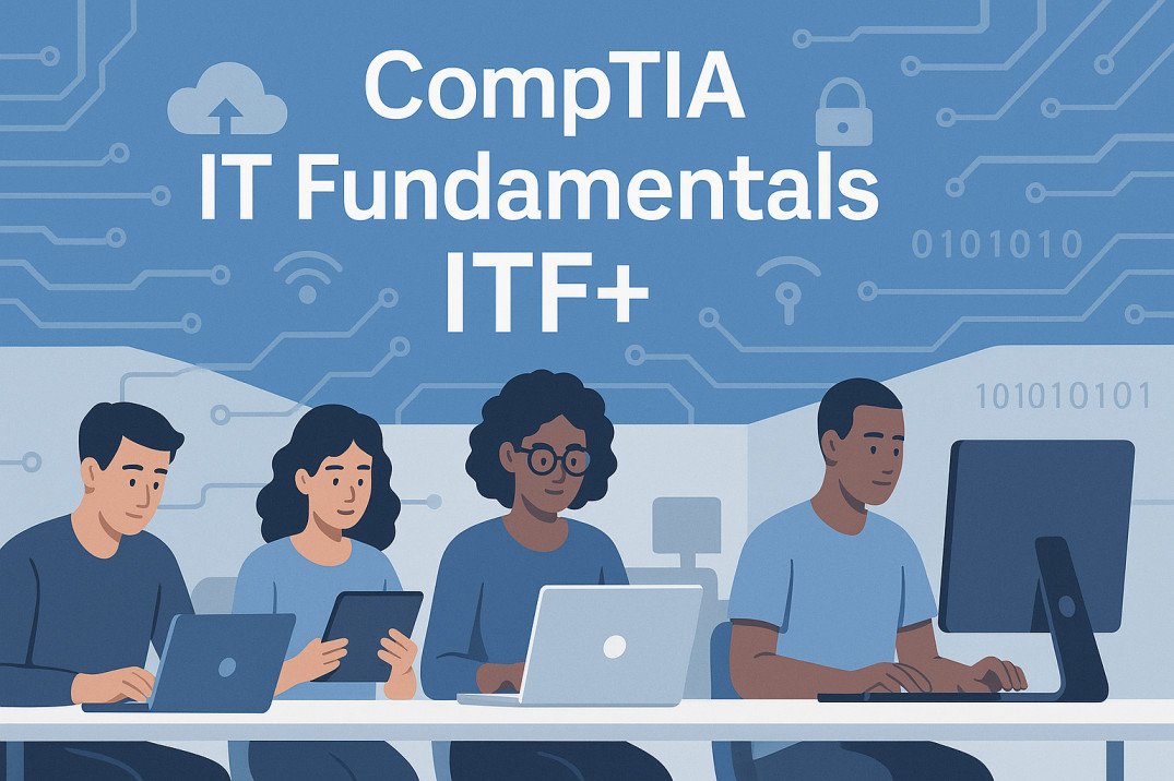 Students learning CompTIA IT Fundamentals ITF+ basics in hardware, networking, and security
