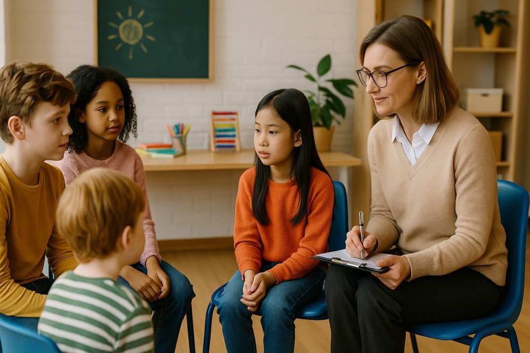 Student learning counselling children and adolescents techniques in a training session.