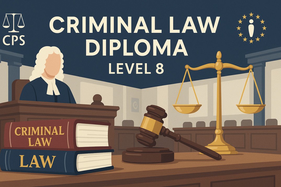 Criminal law diploma Level 8 illustration with judge, scales, law books, and courtroom scene.