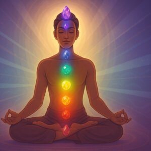 Illustration of crystal healing for chakras with aligned stones and glowing energy points.