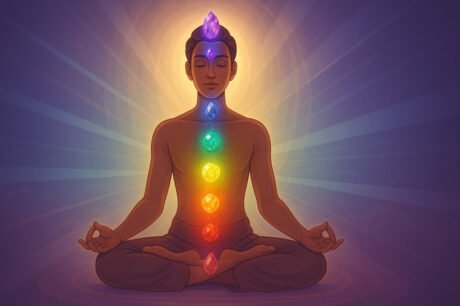 Illustration of crystal healing for chakras with aligned stones and glowing energy points.