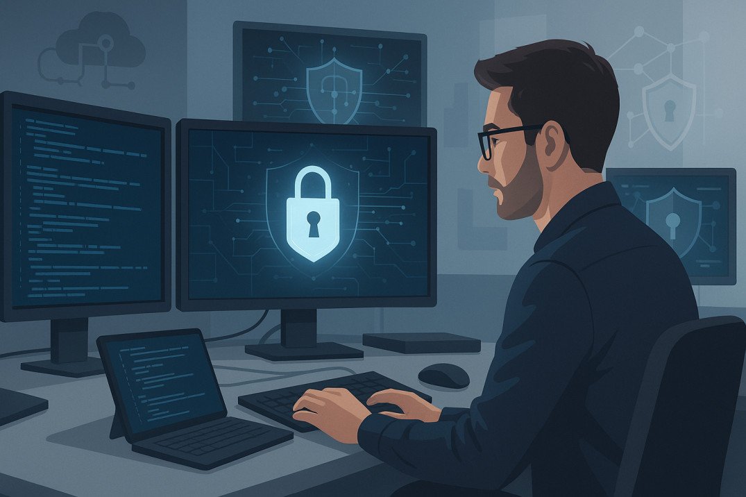 Cyber Security Diploma Level 8 student working on secure systems with data protection icons.