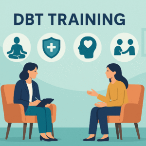 illustration showing dialectical behavior therapy training concepts with DBT skills icons and mental health support visuals