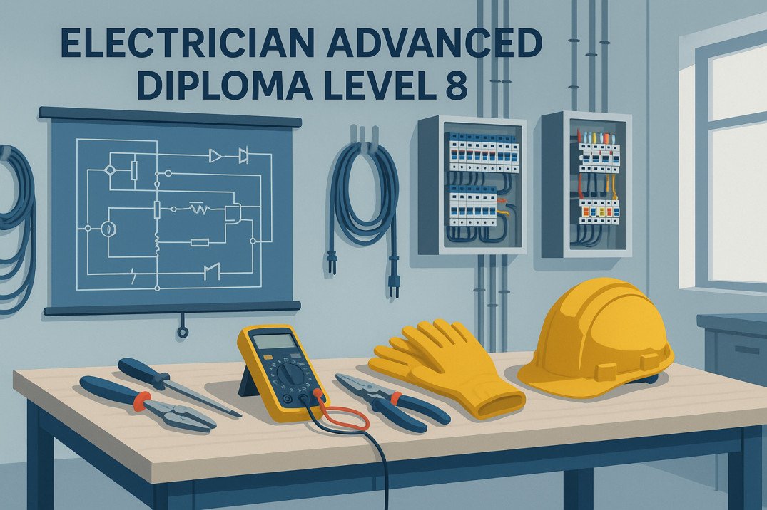 Electrician Advanced Diploma Level 8 course illustration with tools, wiring, and professional setup