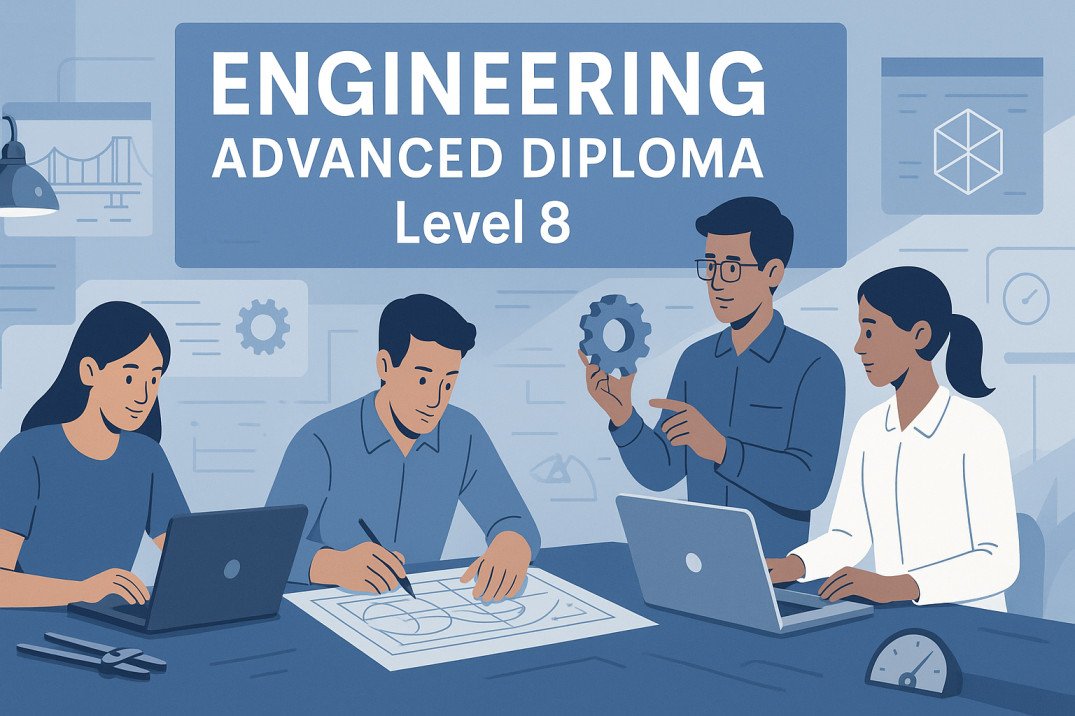 Engineering Advanced Diploma Level 8 illustration with students and technical diagrams