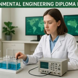 Student working in a modern lab with sustainability models, studying environmental engineering diploma Level 8.