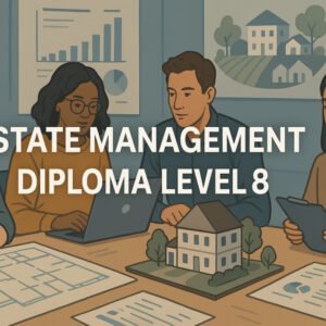 Students learning estate management with property plans and finance charts, Estate Management Diploma Level 8