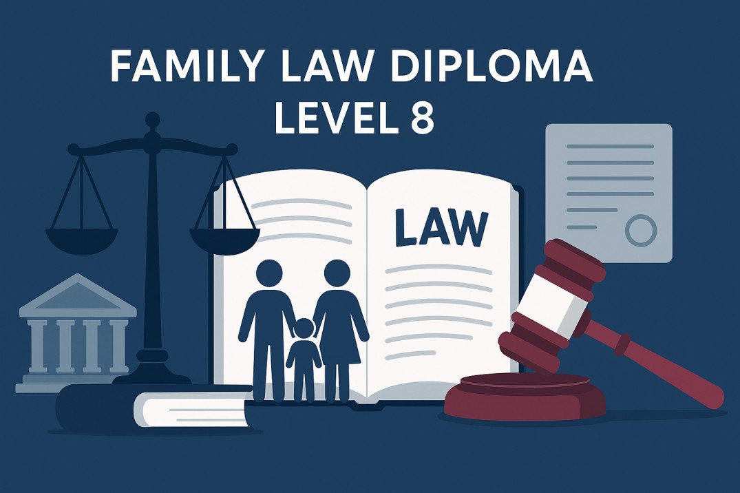 Family Law Diploma Level 8 illustration showing legal scales, books, and court documents.