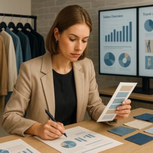 Fashion buyer diploma student in modern retail setting, analysing trends and products.