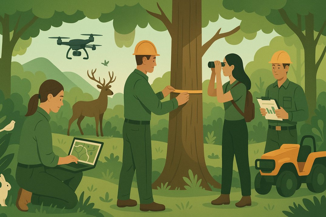 Professional forestry training image showing forest management, conservation, and research for advanced diploma.