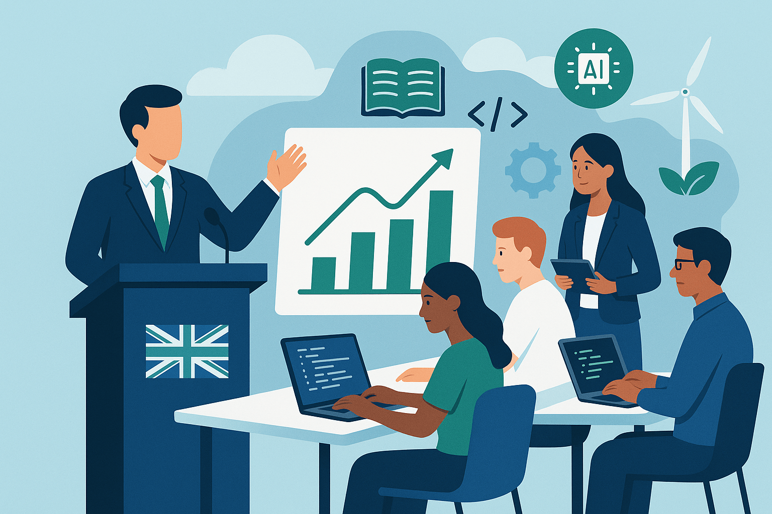 Illustration of UK government funding technical education in AI, coding, and green energy