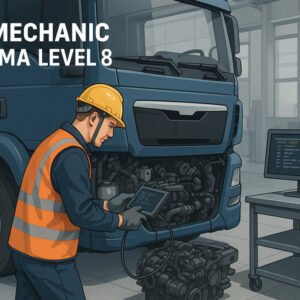 Professional illustration of HGV mechanic diploma training with truck systems, tools, and workshop environment.