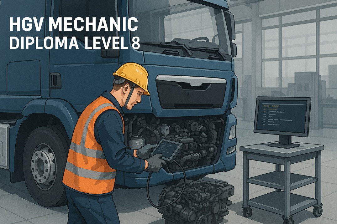 Professional illustration of HGV mechanic diploma training with truck systems, tools, and workshop environment.