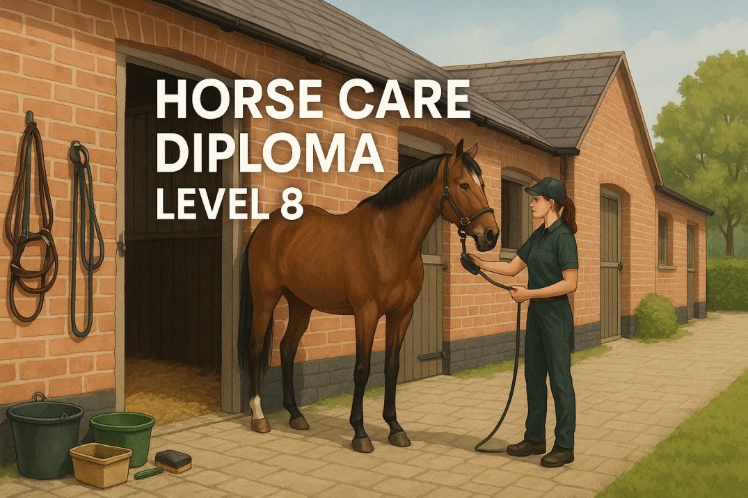 Professional horse care diploma course showing horse grooming, stable, and equine management.