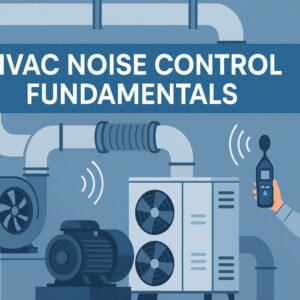 Professional illustration of HVAC noise control fundamentals showing ducts, fans, and silencers.