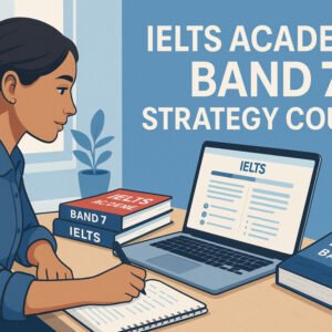 Student preparing for IELTS Academic Band 7 with books, laptop, and strategy notes.