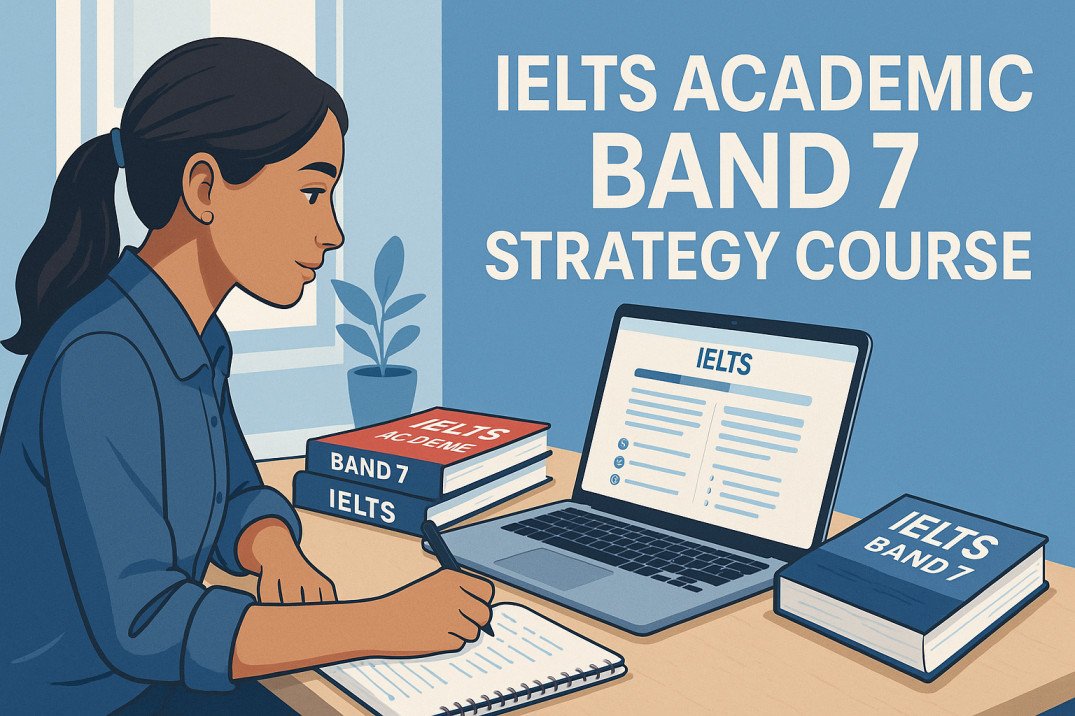 Student preparing for IELTS Academic Band 7 with books, laptop, and strategy notes.
