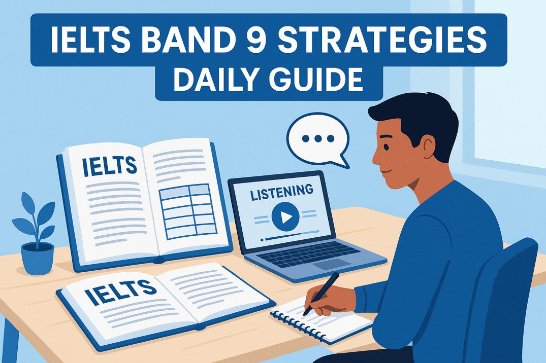 Student practising IELTS Band 9 strategies daily across all four skills.