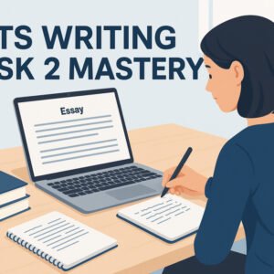 IELTS Writing Task 2 mastery course with student writing essays on laptop
