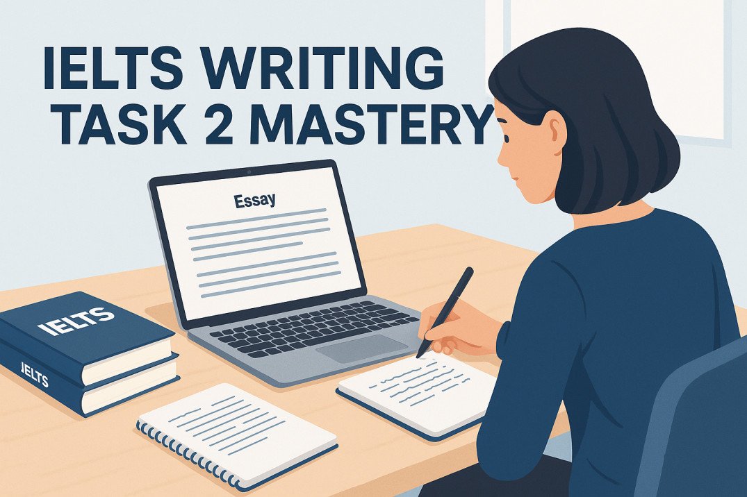 IELTS Writing Task 2 mastery course with student writing essays on laptop