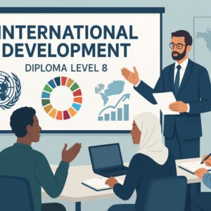 Students learning international development concepts including SDGs, policy, and global strategies in a modern classroom.