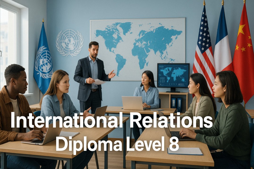 Students studying diplomacy and global politics in International Relations Diploma Level 8