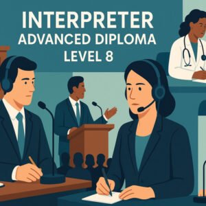 Interpreter Advanced Diploma Level 8 course illustration showing professional interpreting settings.