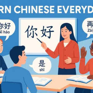 Illustration of students learning Chinese everyday phrases and conversations in a classroom.