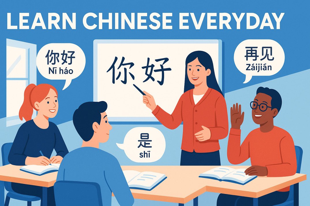 Illustration of students learning Chinese everyday phrases and conversations in a classroom.