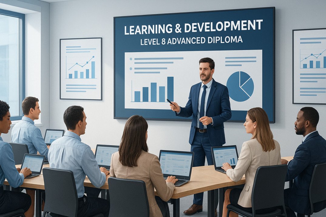 Students studying leadership and training for Learning and Development Diploma Level 8 in a modern training space.