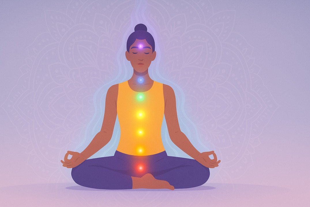 Illustration of meditation for chakra healing with chakras aligned and glowing energy flow