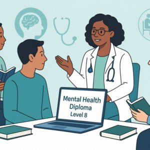 Mental health diploma Level 8 study concept with student learning resources