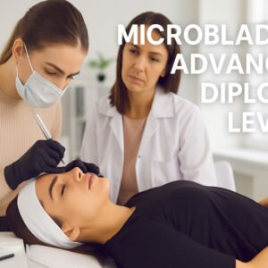 Student practicing microblading techniques in a beauty training course